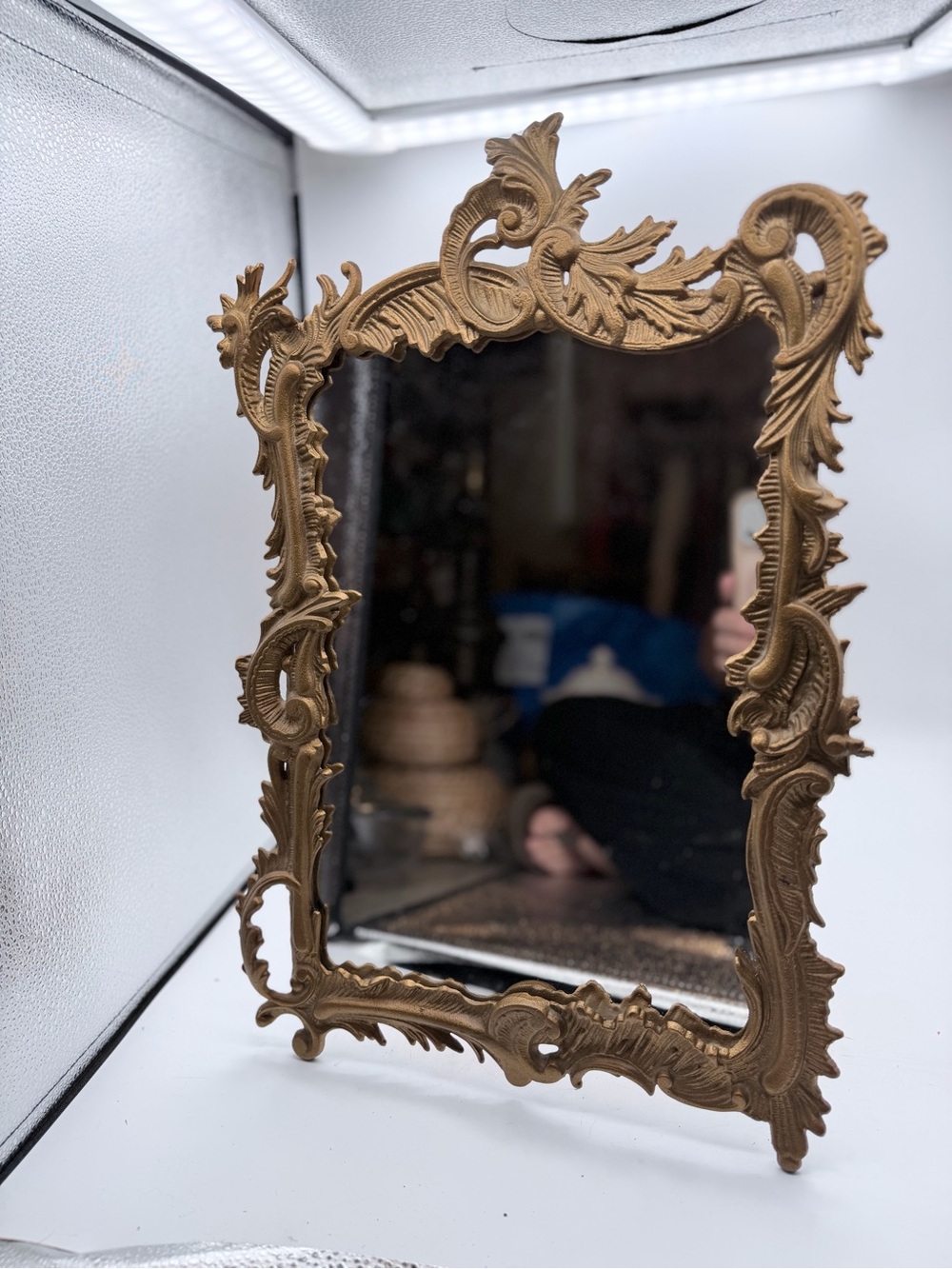 Vintage Iron Art JM 56 Ornate Gold Cast Iron Freestanding Vanity Mirror – Rococo
